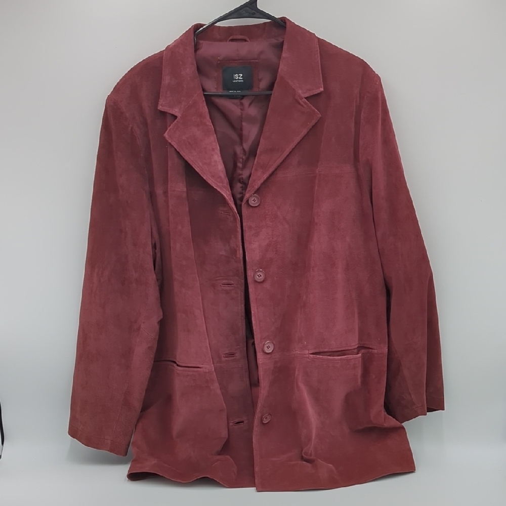 VTG ISZ Leather Suede Jacket Longline Button front Blazer Coat Soft XL Burgundy